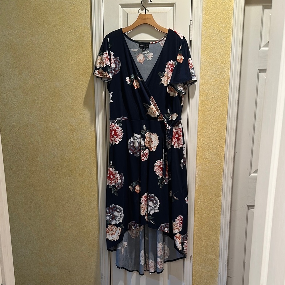 Floral High Low Wrap Dress in Navy